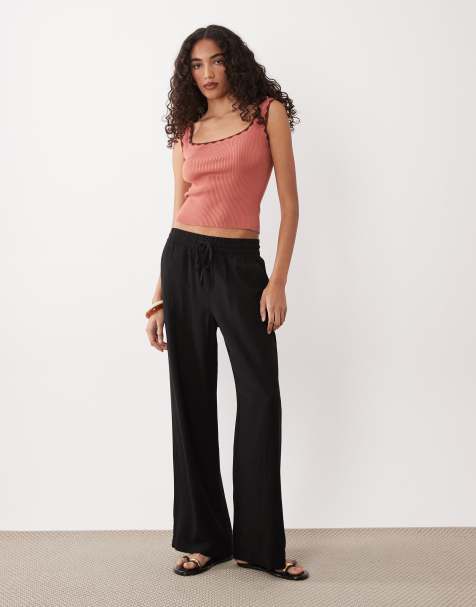 JDY Tall wide leg linen mix trousers in black