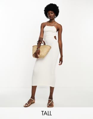 Jdy Tall Exclusive Halterneck Cut Out Side Linen Look Midi Dress In White