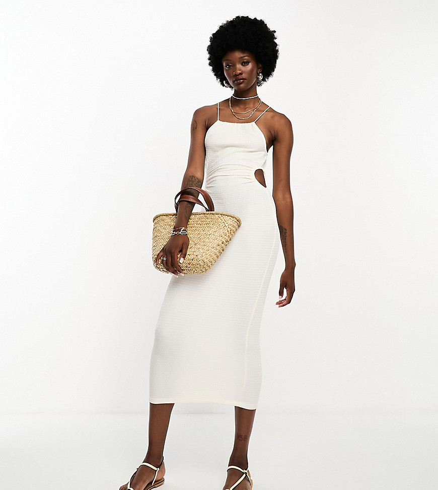 Jdy Tall Exclusive Halterneck Cut Out Side Linen Look Midi Dress In White