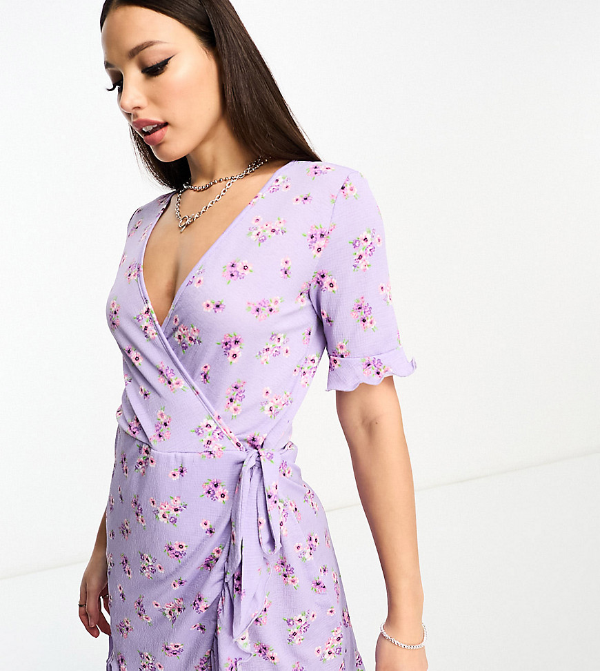 JDY Tall exclusive wrap mini tea dress in lilac vintage floral-Purple