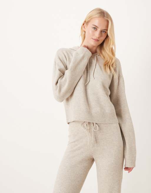 JDY Tall - Felpa extra larga in maglia color crema con cappuccio in coordinato