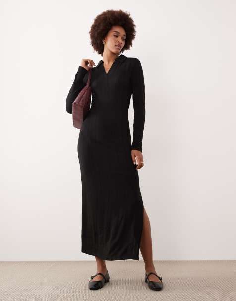 JDY - Tall - Gebreide maxi polojurk in zwart - view 1