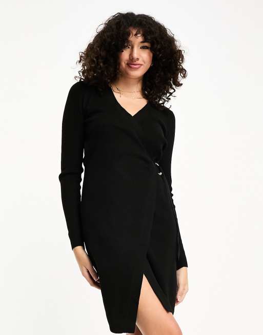JDY Tall - Gebreide mini-jurk met overslag in zwart, 4 van 4