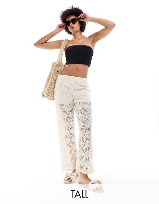 JDY Tall - Gehaakte broek met wijde pijpen en ingebouwde short in stone