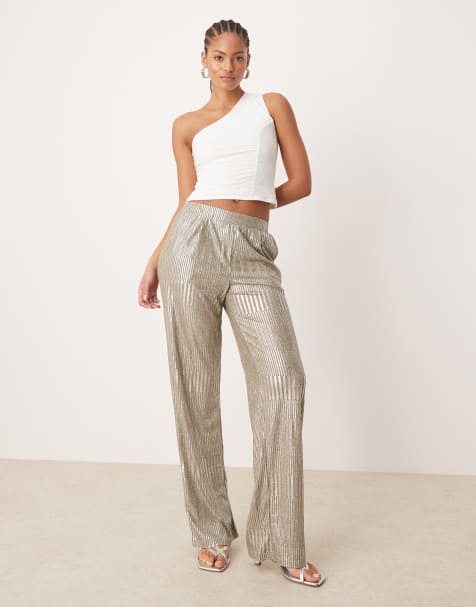 JDY Tall - Geribbelde broek met wijde pijpen in zilver - view 1