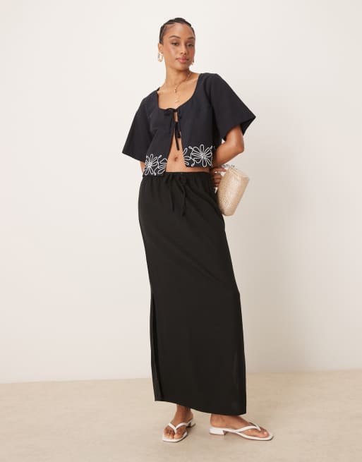 JDY Tall - Gonna midi nera in misto lino con vita elasticizzata