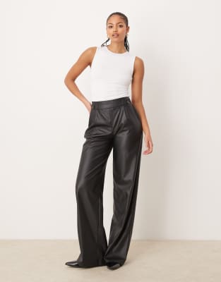 high rise wide leg faux leather pants in black