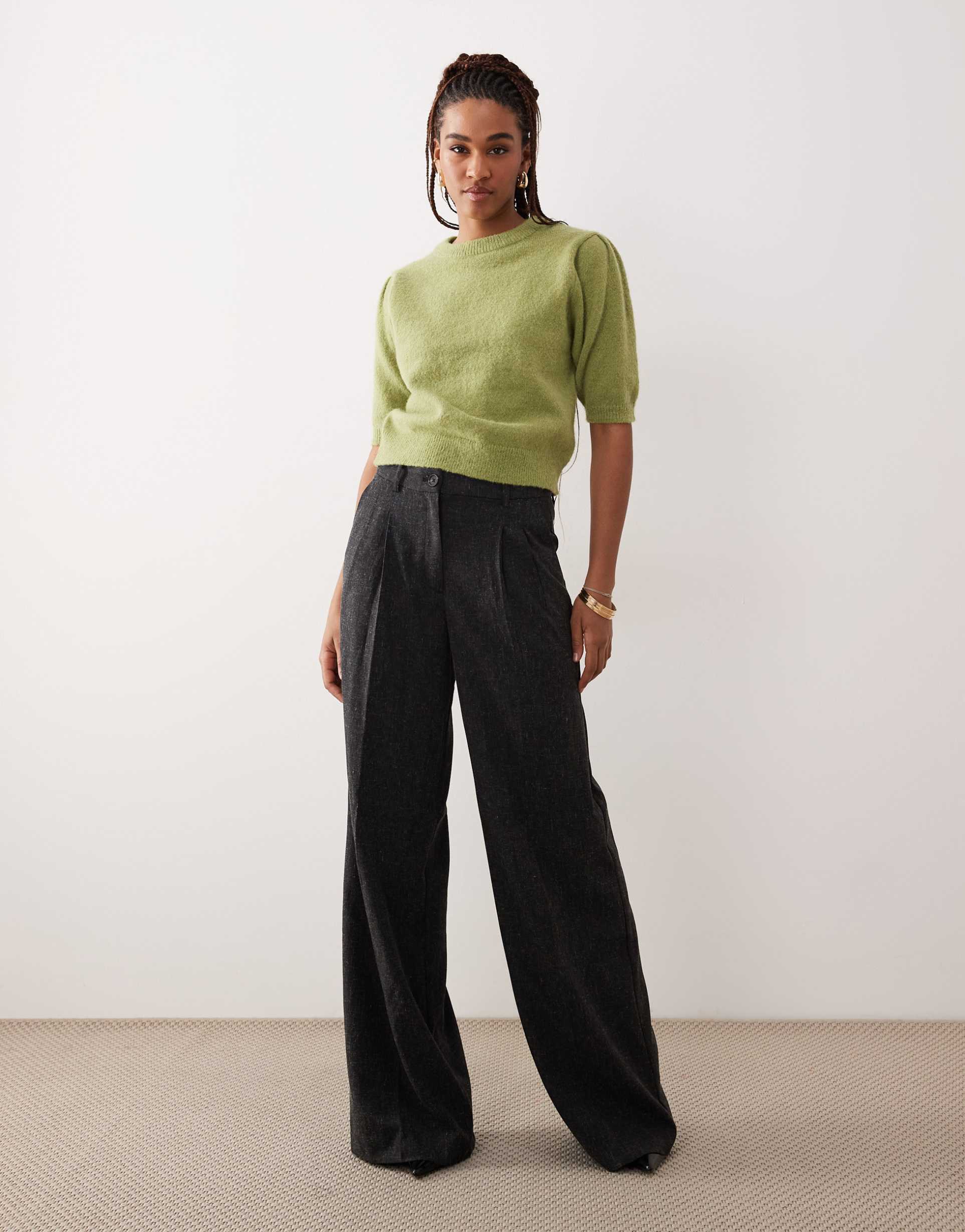jdy tall high waist wide leg textured tailored pants in dark gray
