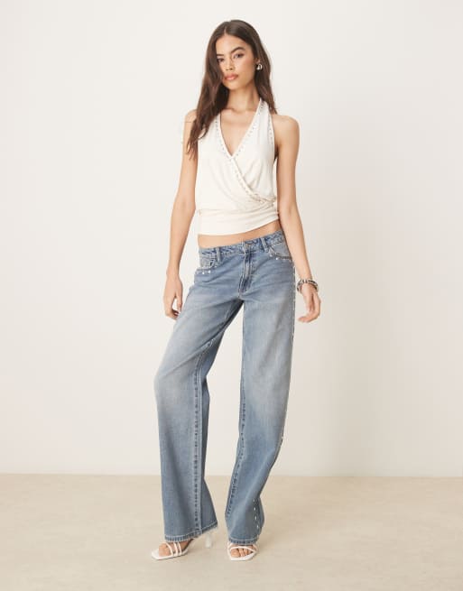 JDY Tall - Jeans con fondo ampio con borchie decorative lavaggio azzurro