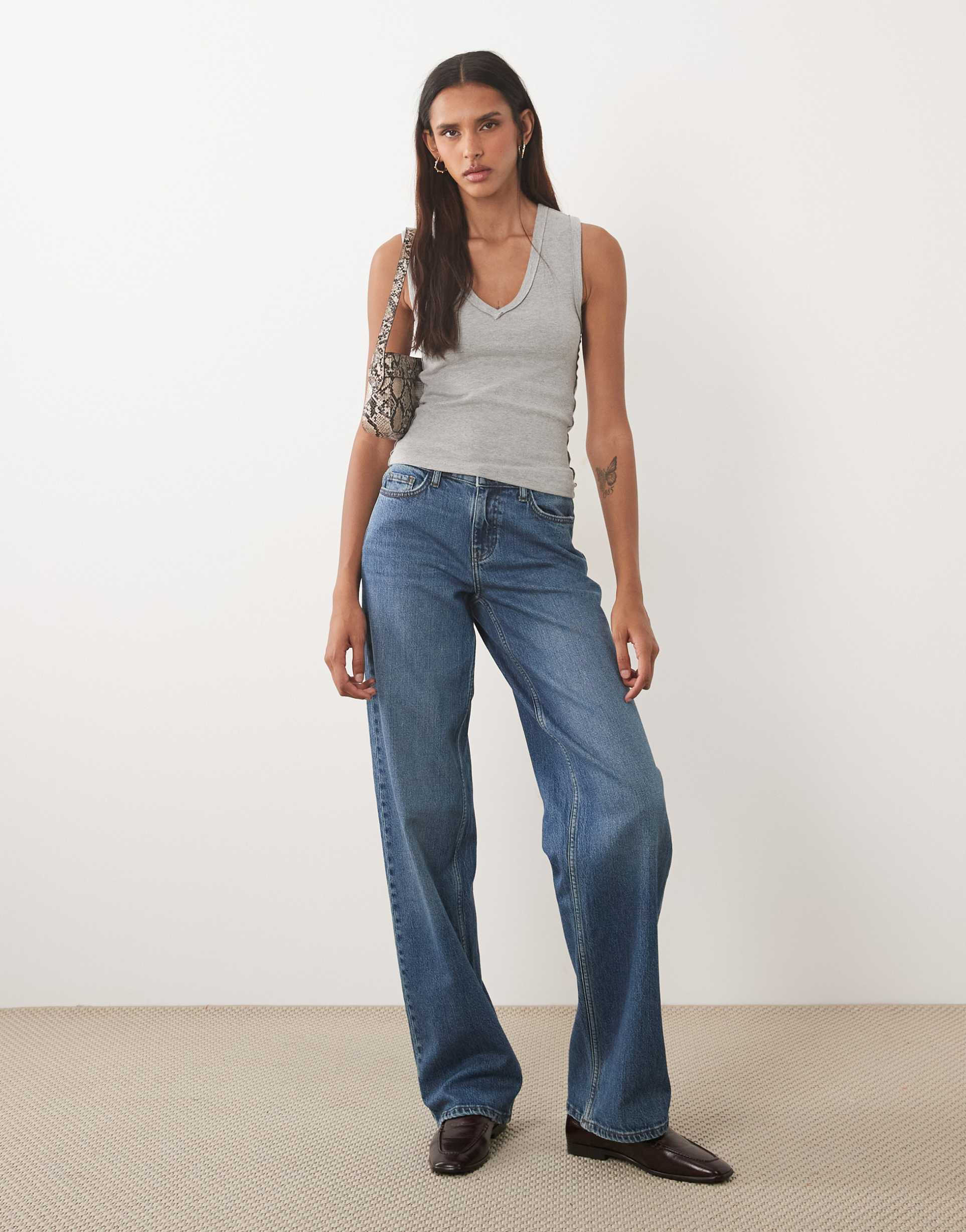 jdy tall katie low waist wide leg jeans in mid blue