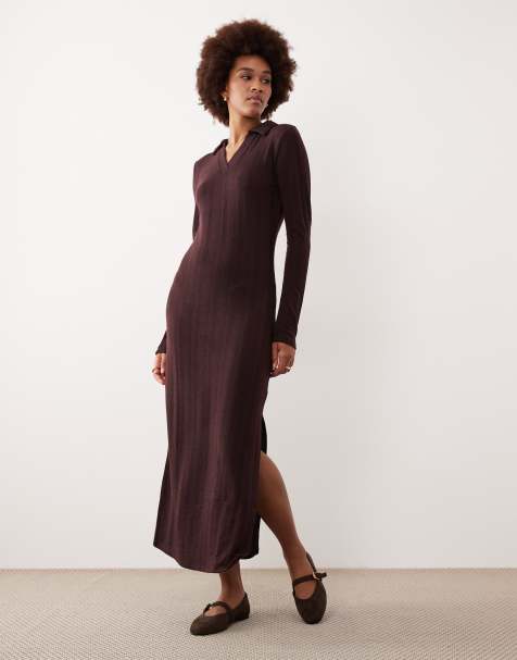 JDY Tall knitted polo maxi dress in chocolate brown