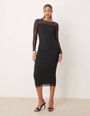 Thumbnail - JDY Tall - Langärmliges Netzstoff-Midikleid in Schwarz mit Nietenbesatz
