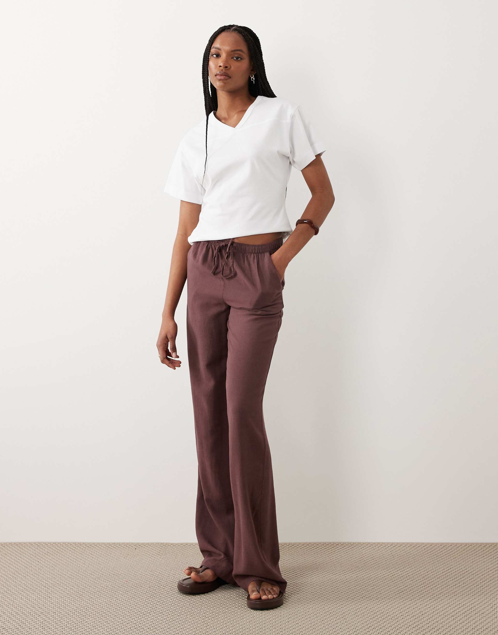 jdy tall linen mix pants in burgundy