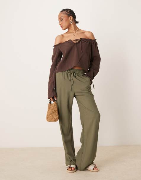 JDY Tall wide leg linen trouser in khaki