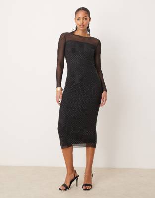 long sleeve mesh studded midi dress in black