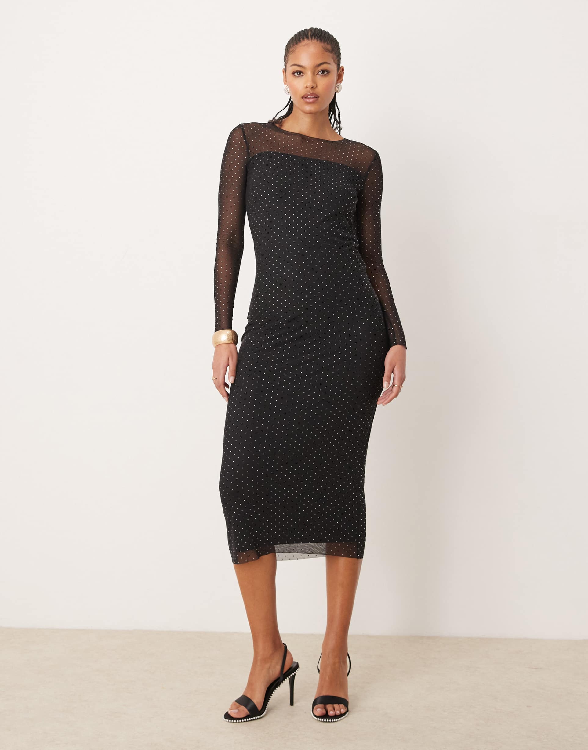 jdy tall long sleeve mesh studded midi dress in black