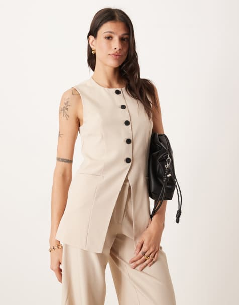 JDY Tall longline button through waistcoat co-ord in stone - view 1