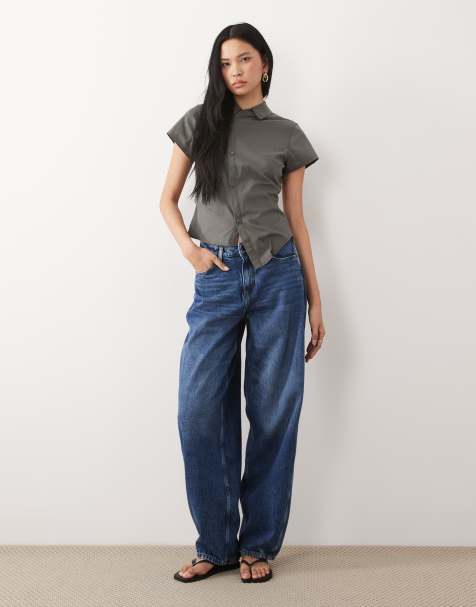 JDY Tall mid waist barrel leg jean in mid blue - view 1