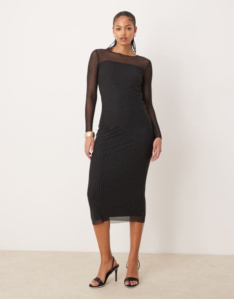 JDY Tall - Midi jurk van mesh met lange mouwen en studs in zwart - view 1
