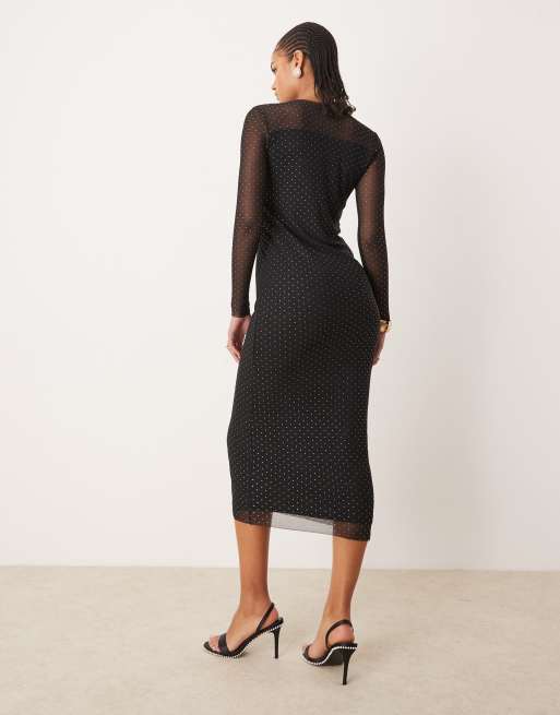 JDY Tall - Midi jurk van mesh met lange mouwen en studs in zwart, 3 van 4