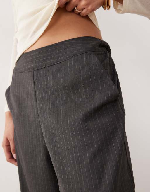 JDY Tall – Mörkgrå, kritstrecksrandiga byxor i dra på-modell med vida ben, 5 av 5