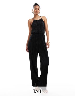 open back plisse jumpsuit in black