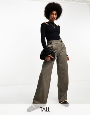 JDY Tall wide leg button detail trousers in brown check - ASOS Price Checker