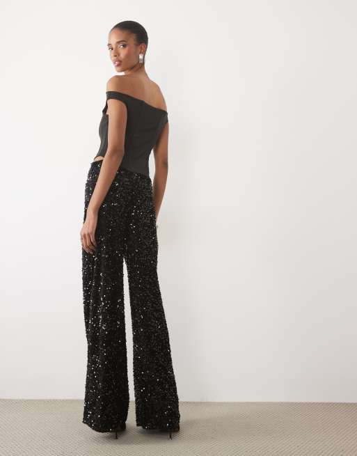 JDY Tall pantalones de pernera ancha de lentejuelas negras, 3 de 5