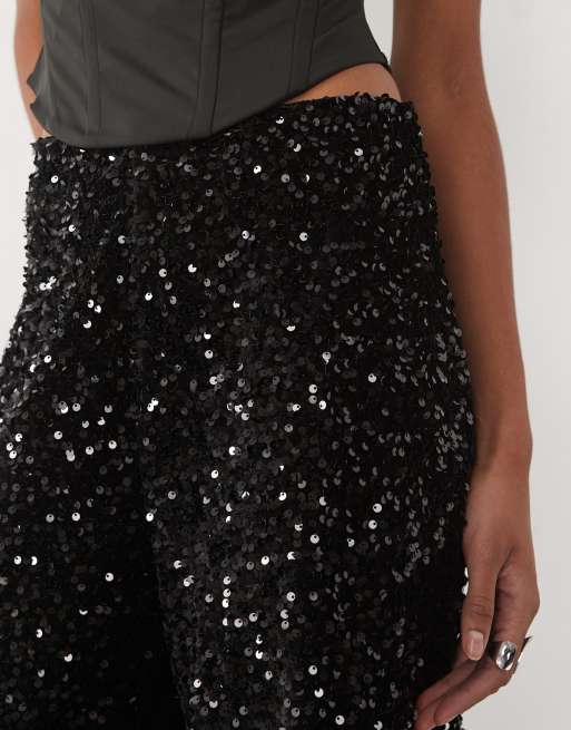 JDY Tall pantalones de pernera ancha de lentejuelas negras, 4 de 5