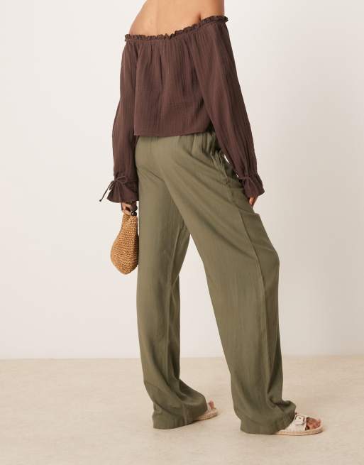 JDY Tall - Pantaloni a fondo ampio in lino kaki, 2 di 5