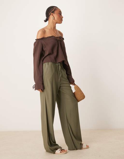 JDY Tall - Pantaloni a fondo ampio in lino kaki, 4 di 5