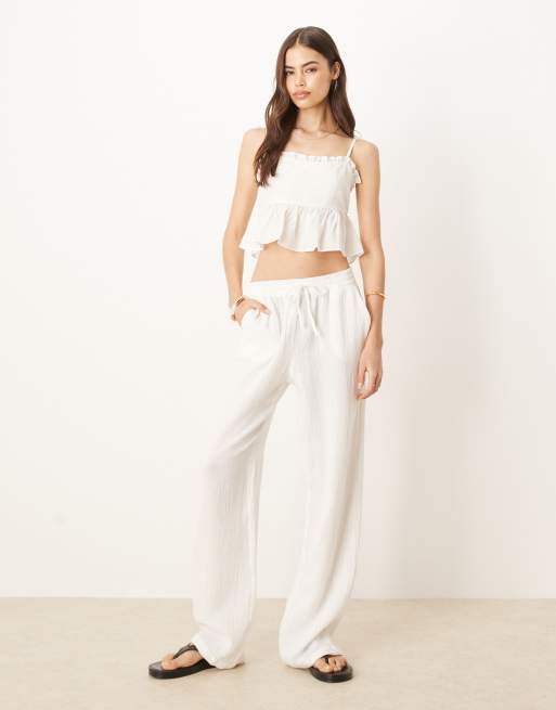 JDY Tall - Pantaloni a fondo ampio in mussola color bianco sporco