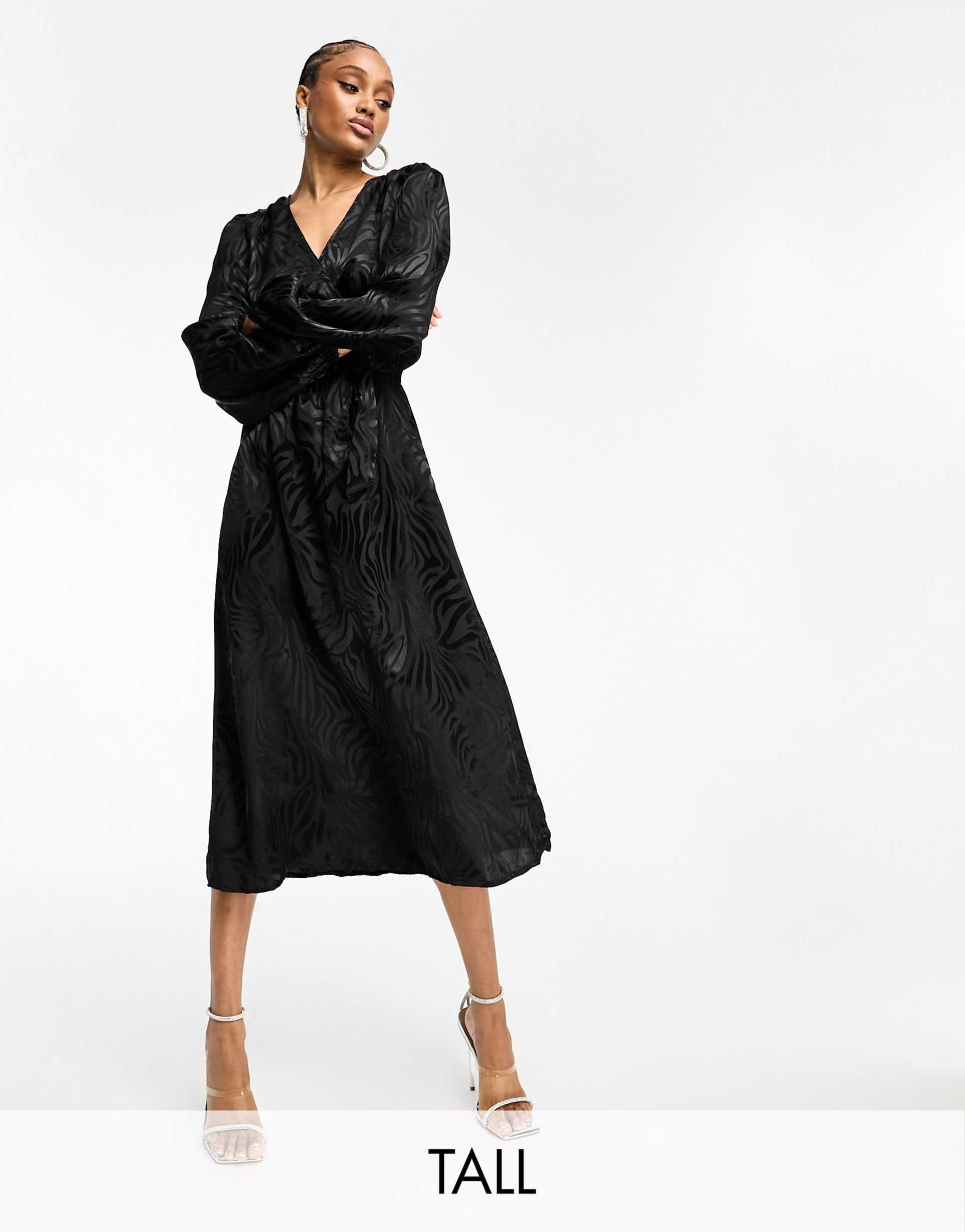 jdy tall puff sleeve wrap jacquard midi dress in black zebra