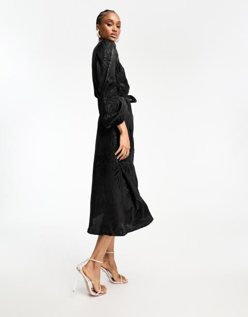 JDY Tall puff sleeve wrap jacquard midi dress in black zebra