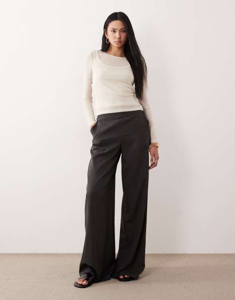 JDY Tall pull on wide leg pants in charcoal pinstripes - view 1