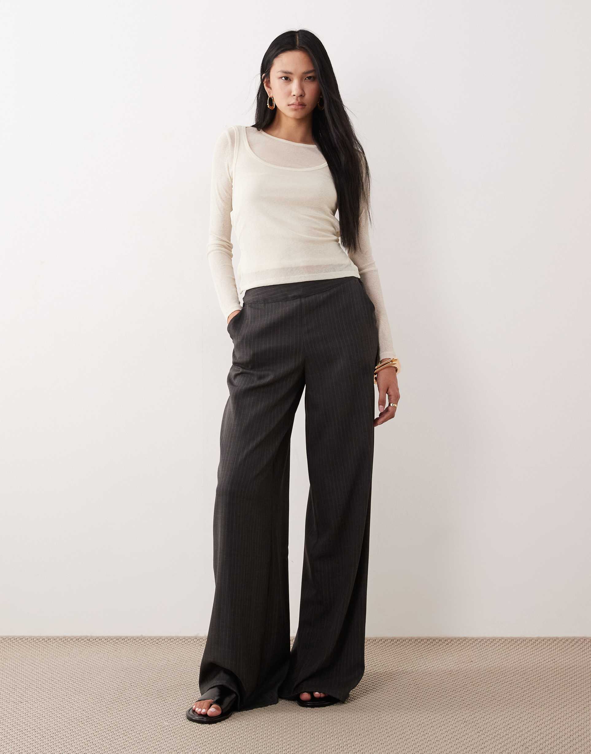 jdy tall pull on wide leg pants in charcoal pinstripes