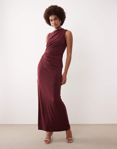 JDY Tall ruched detail maxi dress in burgundy