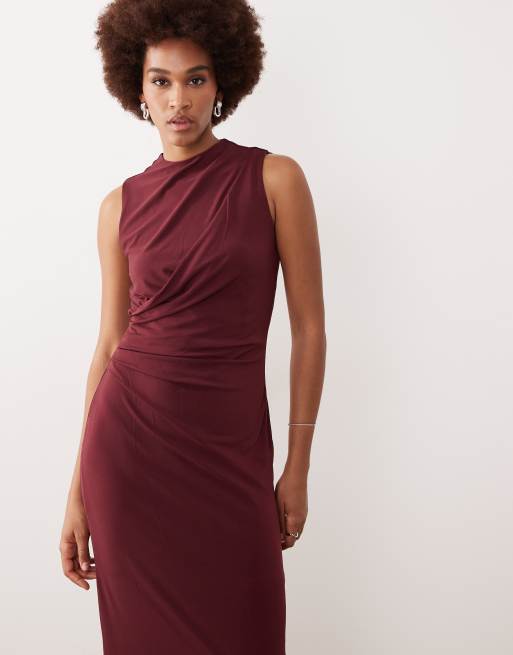 JDY Tall ruched detail maxi dress in burgundy, 3 of 4