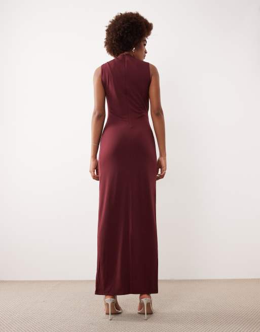 JDY Tall ruched detail maxi dress in burgundy, 4 of 4