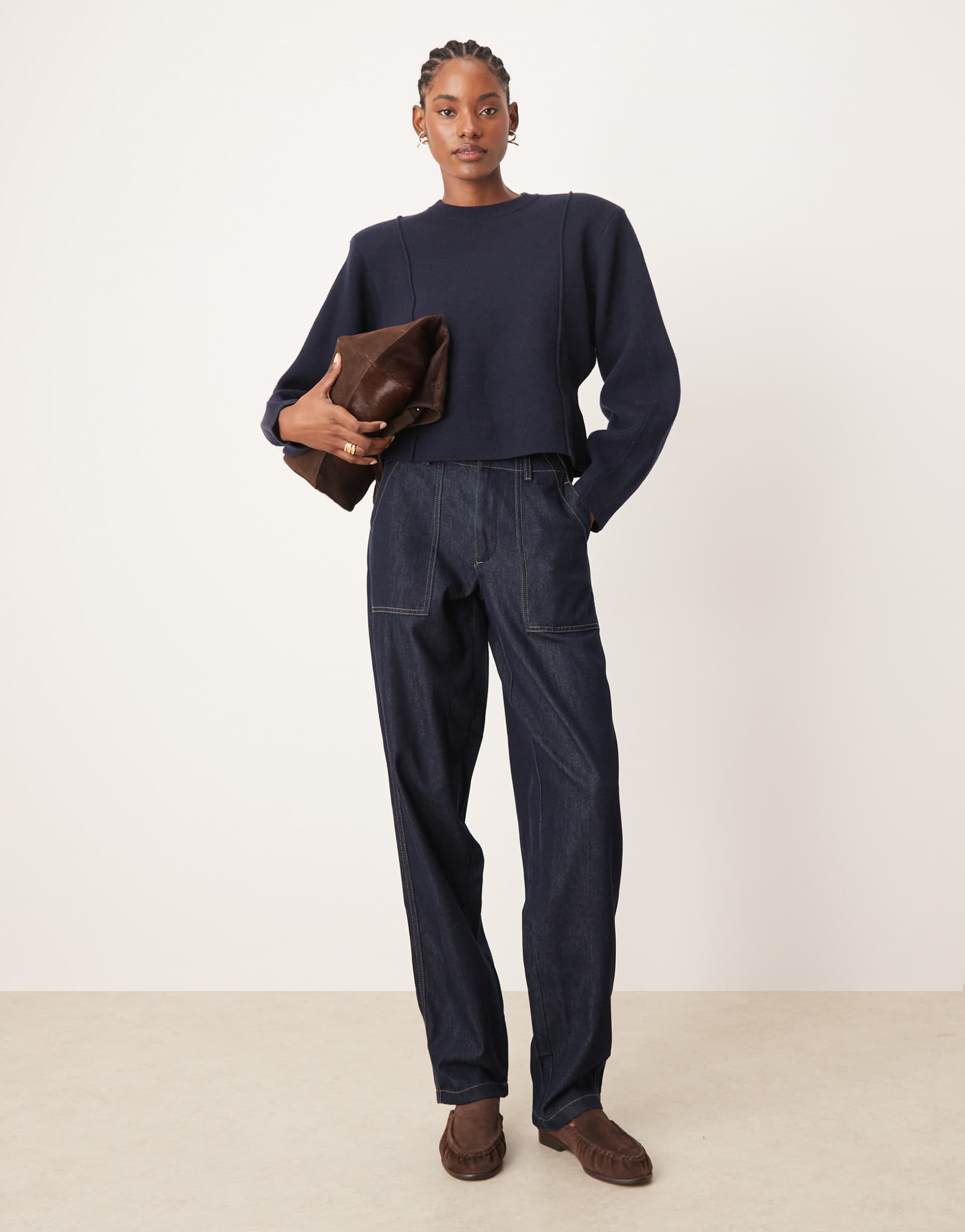 jdy tall sansa stitch detail high waist barrel jeans in dark blue