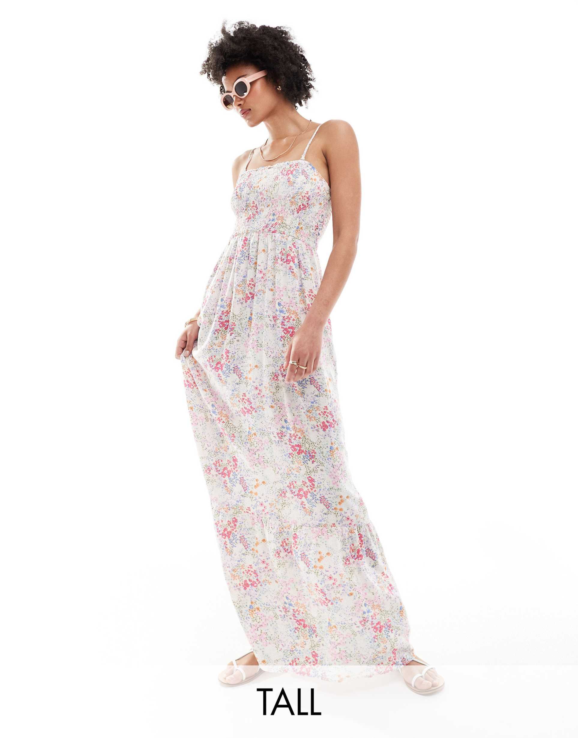 jdy tall shirred top maxi dress in ditsy pink floral