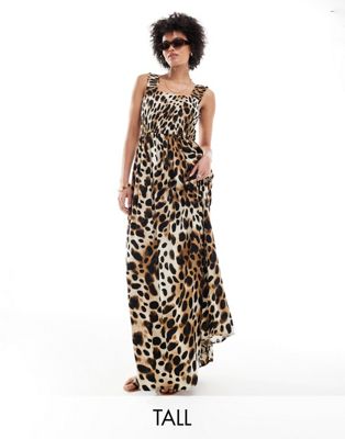 shirred top maxi dress in leopard print-Brown