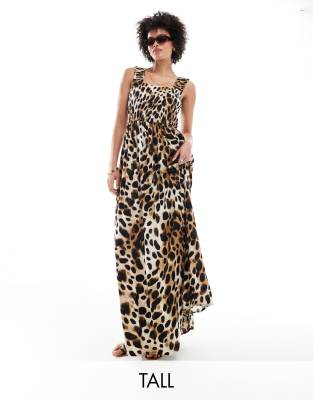 JDY Tall JDY Tall shirred top maxi dress in leopard print-Brown