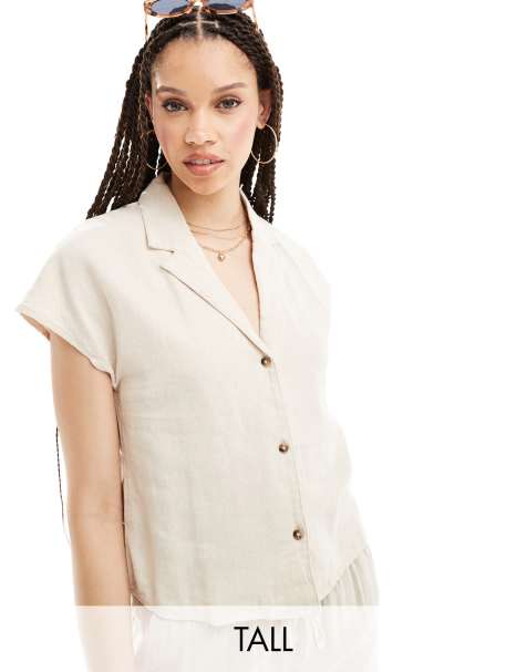 JDY Tall short sleeve linen shirt in beige (part of a set) - view 1