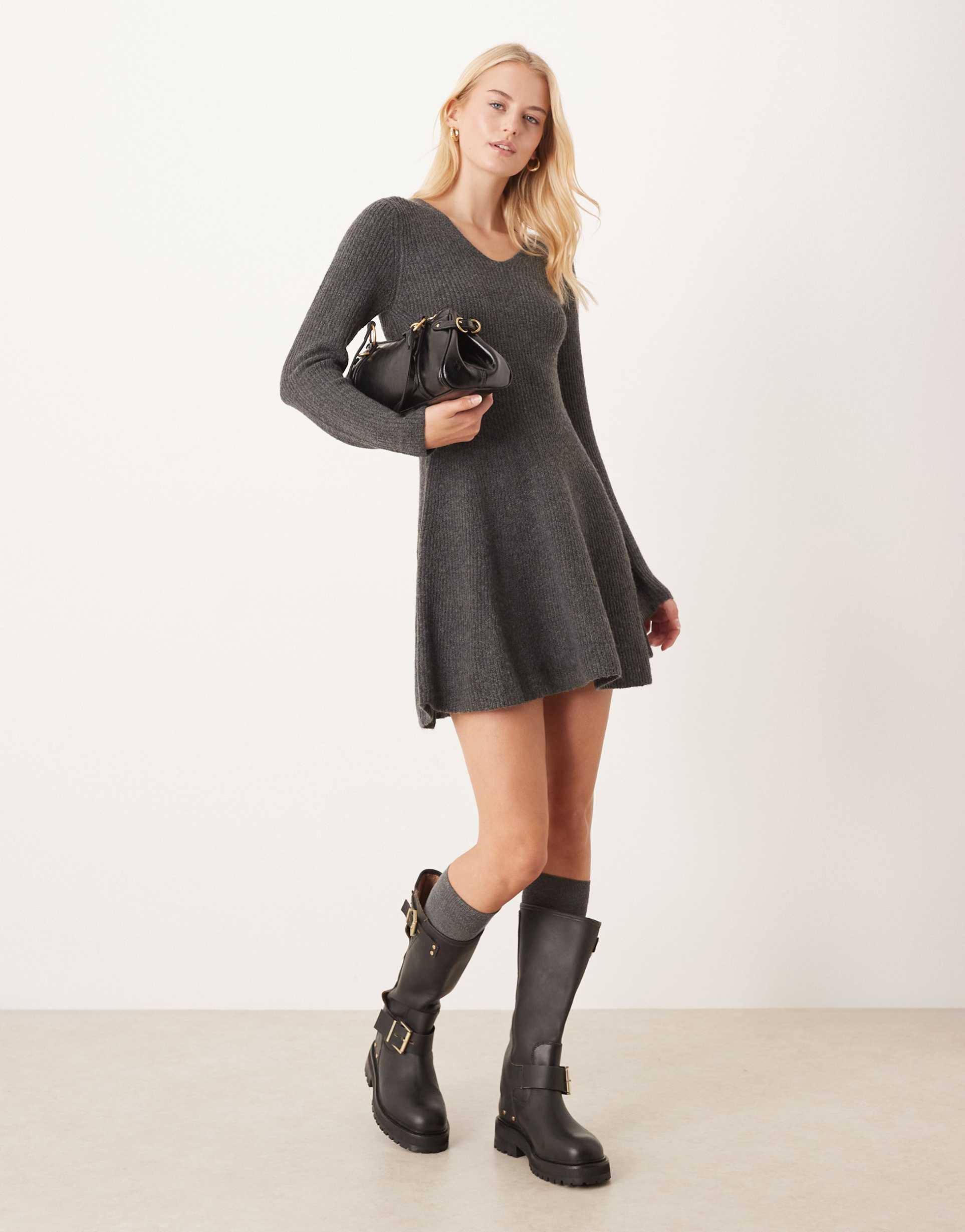 jdy tall skater knit mini dress in dark gray