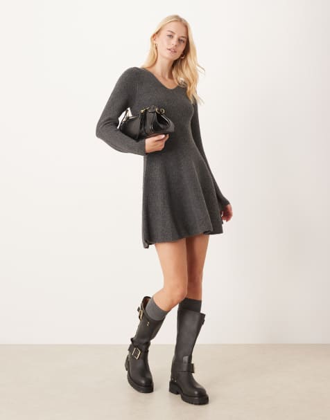 JDY Tall skater knitted mini dress in dark grey - view 1