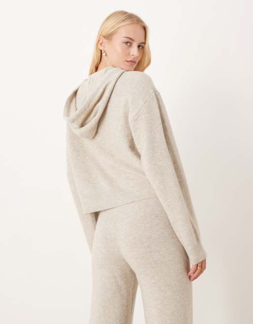 JDY Tall slouchy knitted hoodie co-ord in cream, 4 of 4