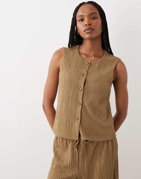 JDY Tall textured waistcoat co-ord in brown - view 1