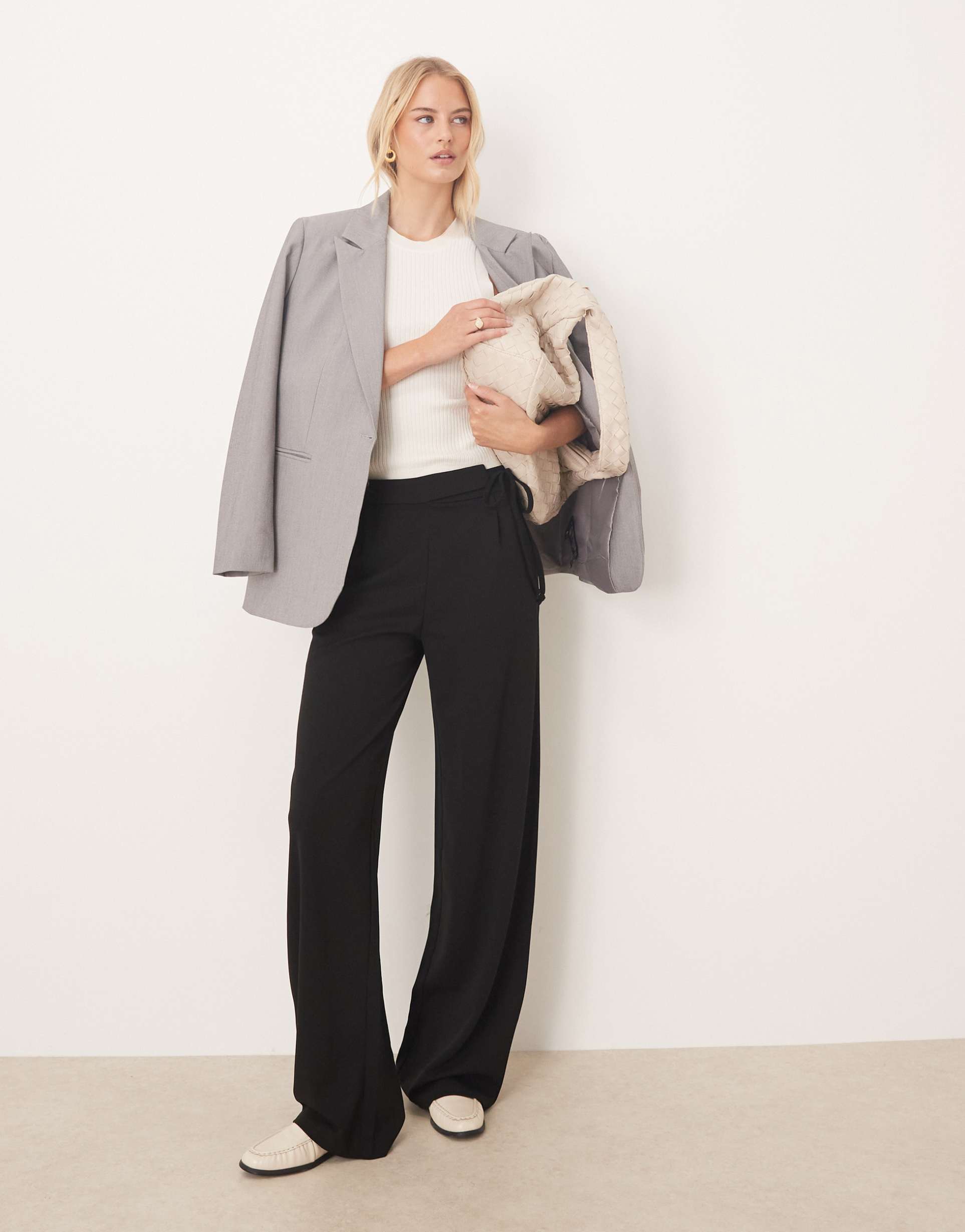 jdy tall tie detail wide leg pants in black