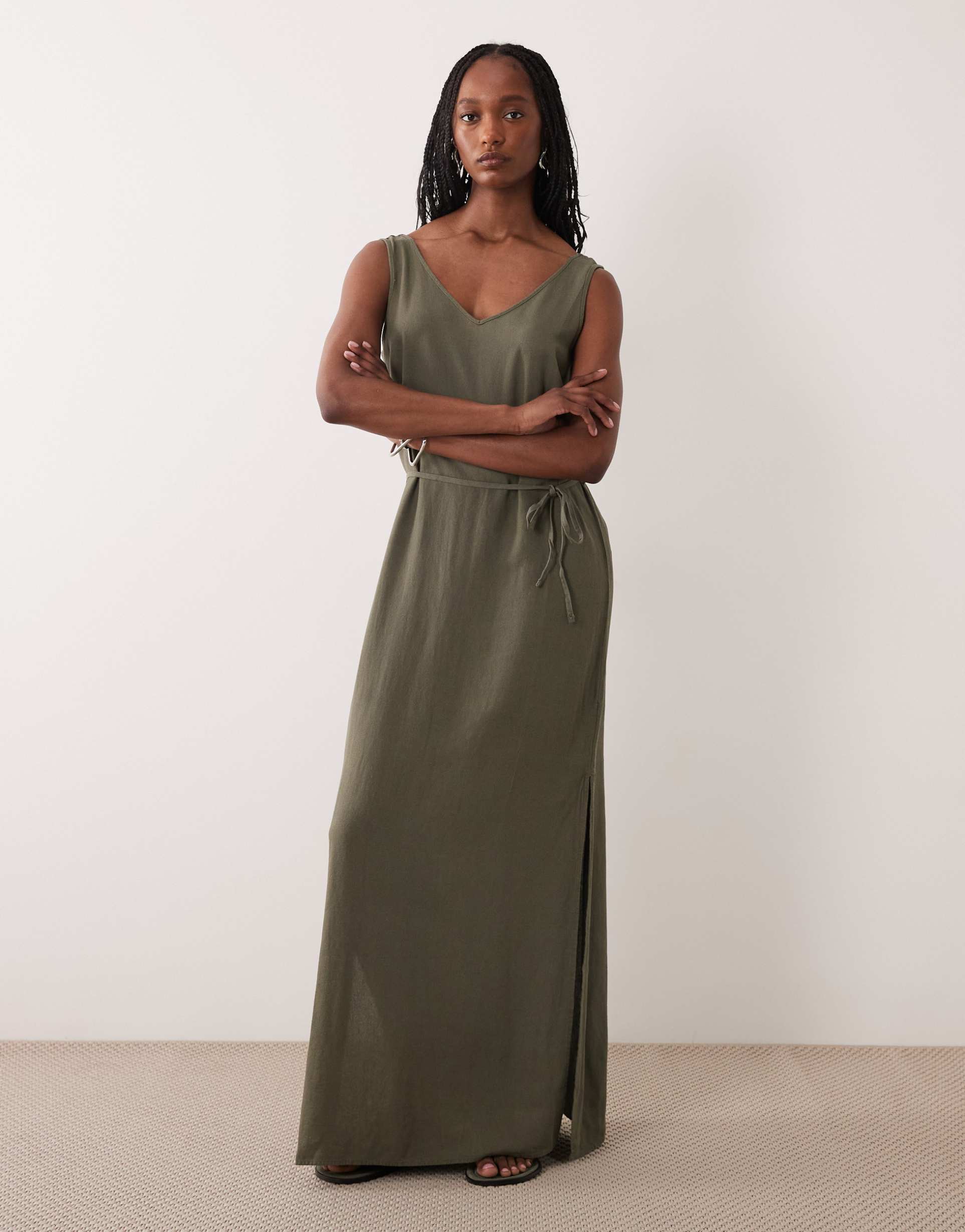 jdy tall tie waist linen blend maxi dress in khaki